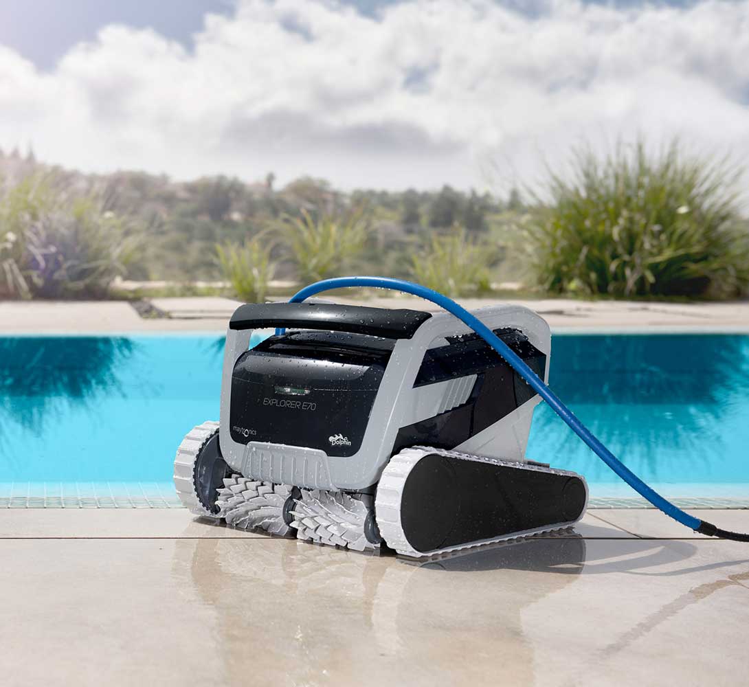 Dolphin Explorer E70 Pool Robot with included Dolphin Universal Caddy, Wi-Fi, and Waterline Cleaning